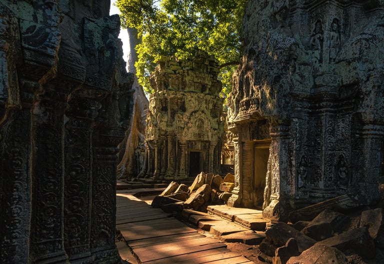 The ancient stone ruins of Ta Prohm temple in Angkor, Cambodia